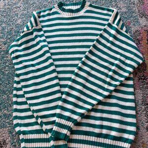 Teal & Cream Striped Knit Sweater – Cozy Oversized Crewneck Preppy Vintage-Inspi